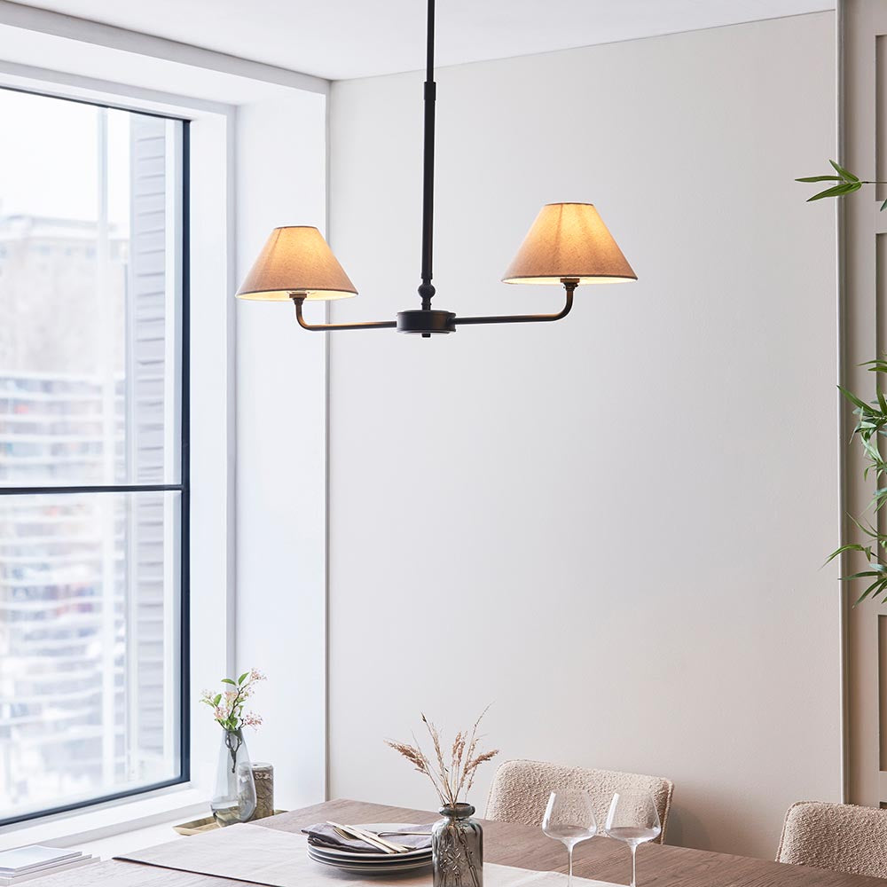 Lille 2lt Linear Pendant tapered shades in natural linen