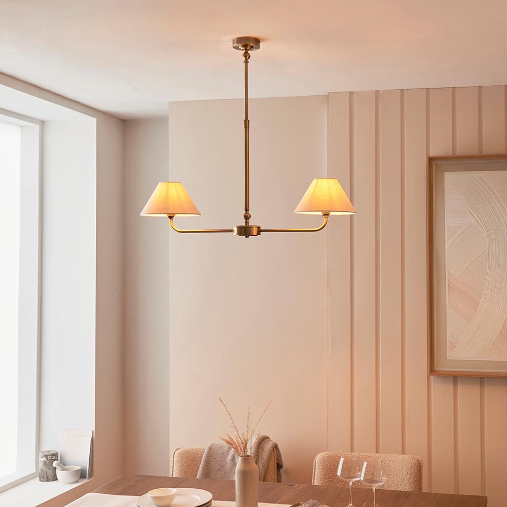 Lille 2lt Linear Pendant tapered shades in natural linen