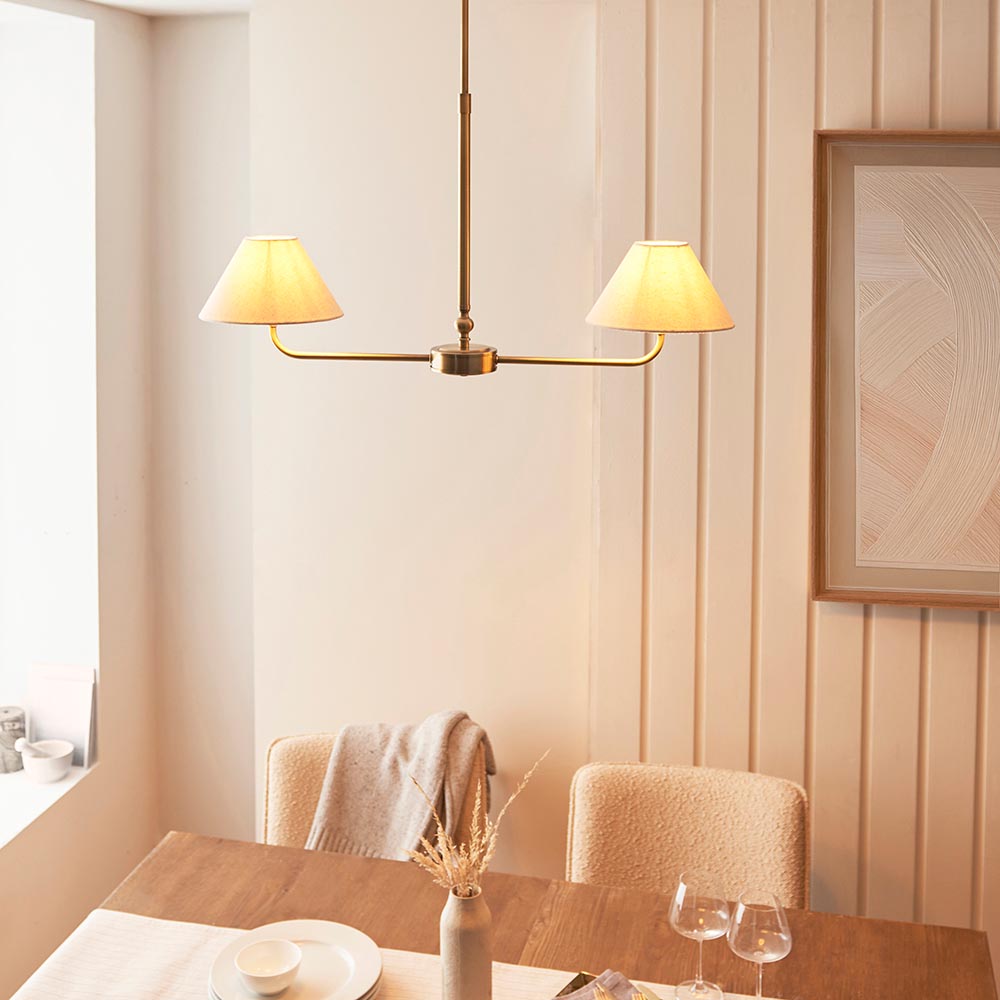 Lille 2lt Linear Pendant tapered shades in natural linen