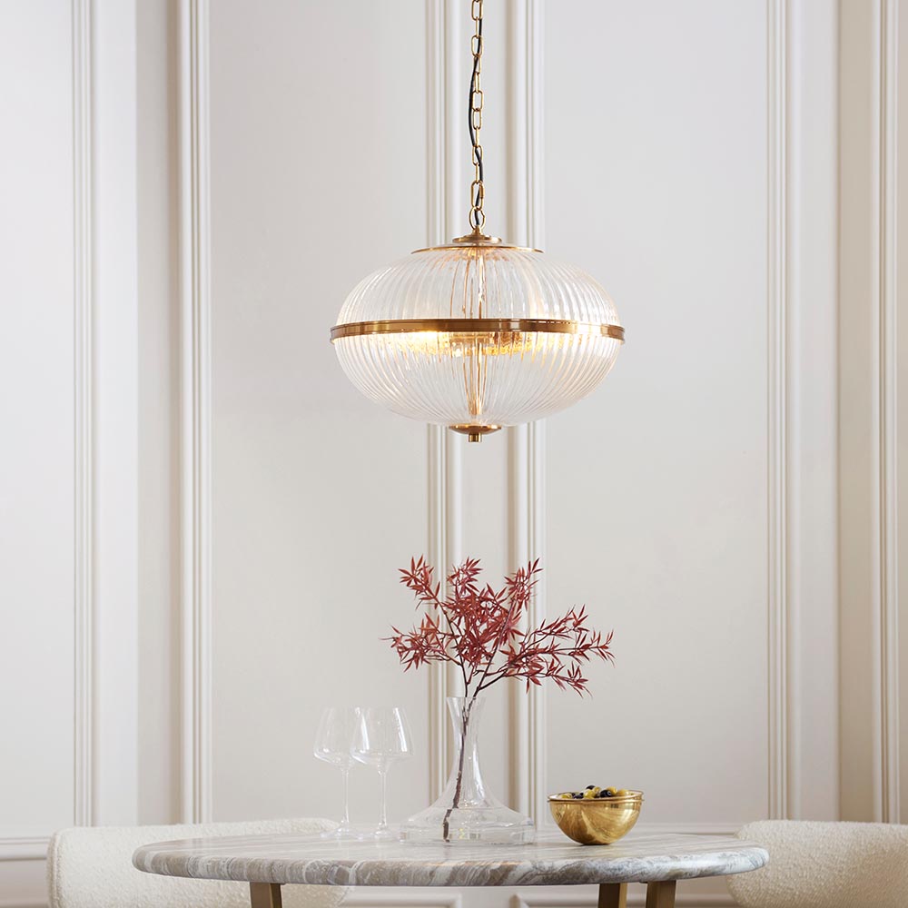 Somerset 3lt Pendant Ribbed Glass Warm Brass