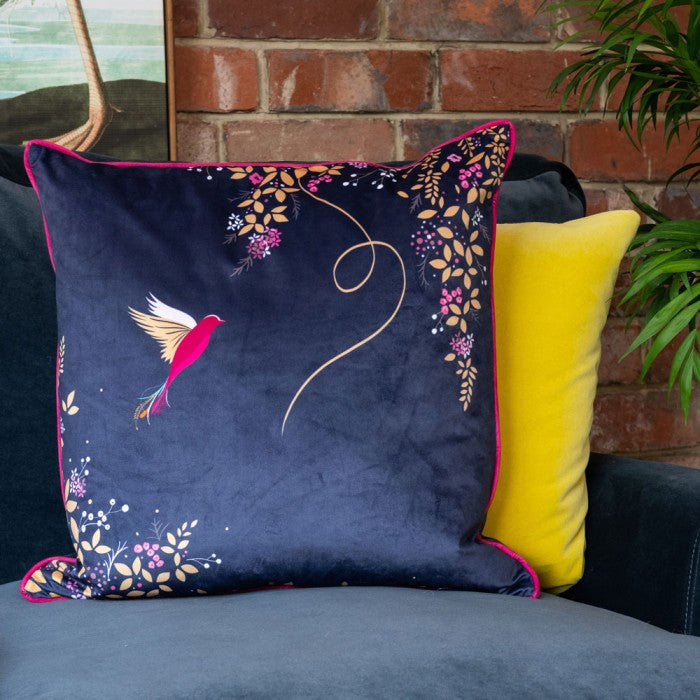 Navy Hummingbird Velvet Cushion
