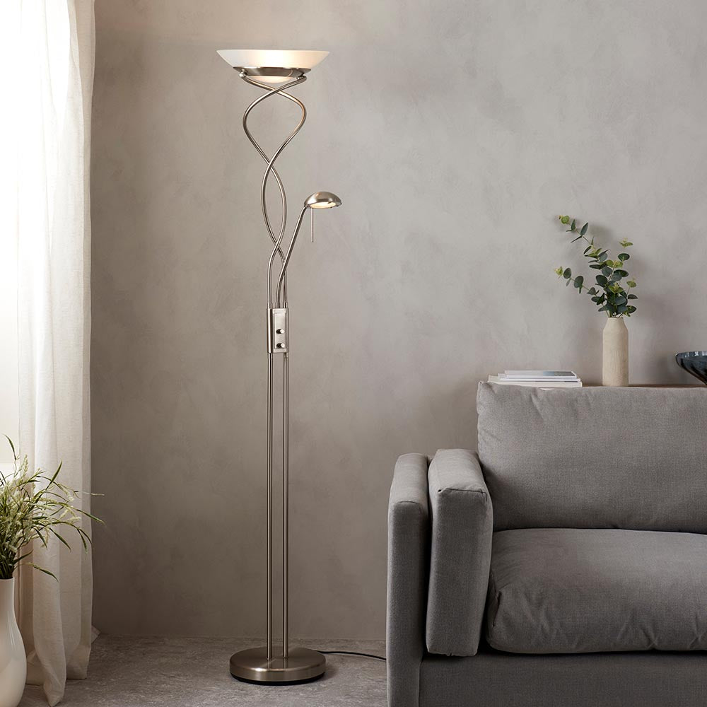 Monaco 2-Light Satin Chrome Floor Lamp with Uplighter, Reading Lamp & Dimmer Switch