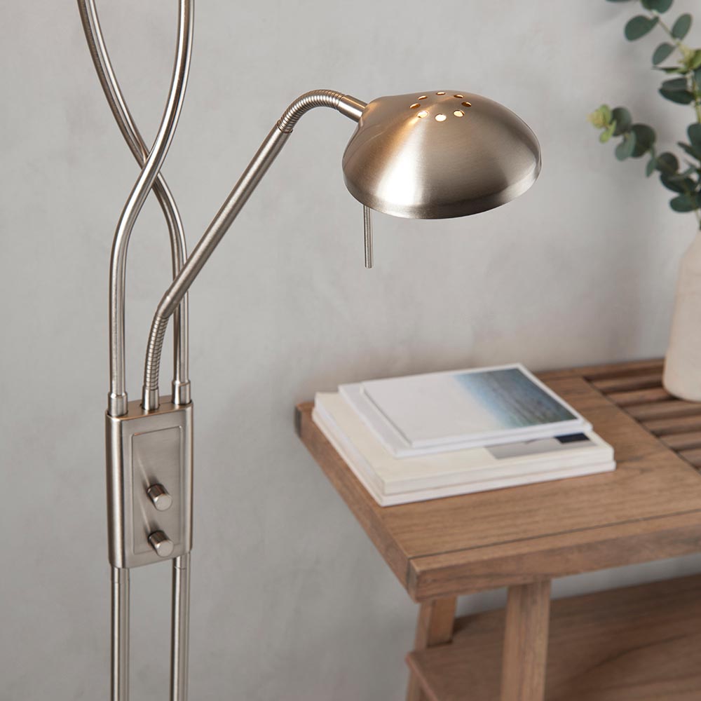 Monaco 2-Light Satin Chrome Floor Lamp with Uplighter, Reading Lamp & Dimmer Switch