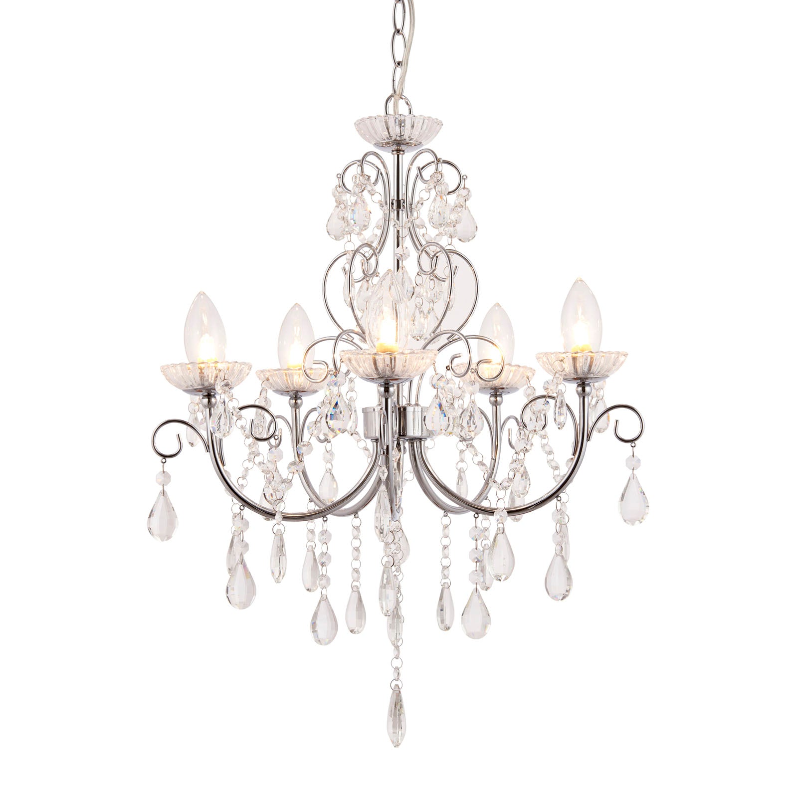 Tabitha 5-Light Chrome Pendant Light (Crystal Details, Dimmable)