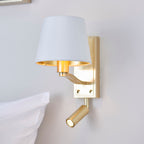 Harvey Brushed Gold 2-Light Wall Light with Reading Light & White Shade