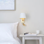 Harvey Brushed Gold 2-Light Wall Light with Reading Light & White Shade