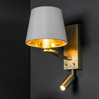 Harvey Brushed Gold 2-Light Wall Light with Reading Light & White Shade