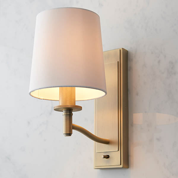 Ortona Matt Antique Brass Wall Light with Vintage White Faux Silk Shade