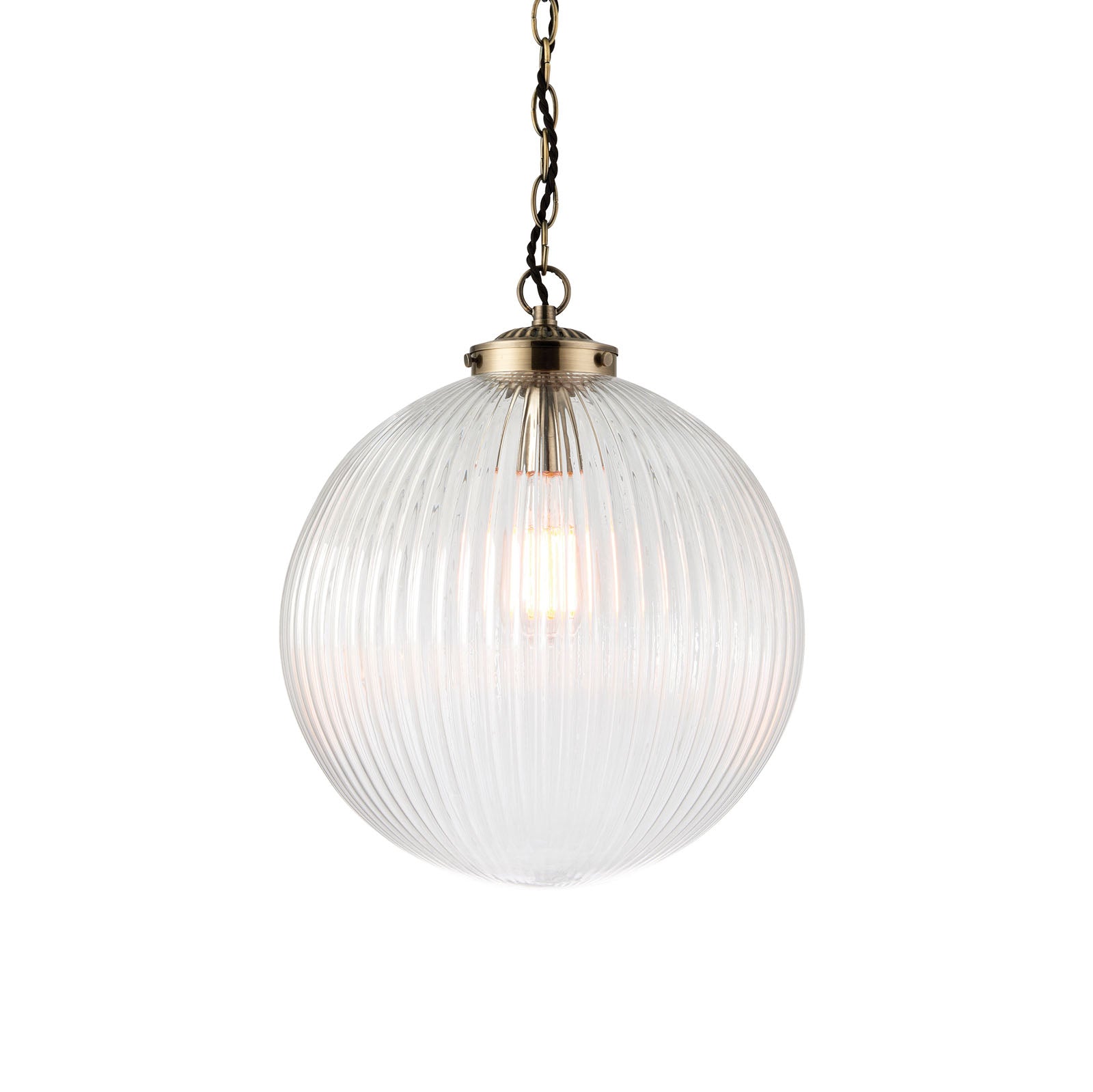 Brydon Large 1-Light Pendant: Antique Brass Chain & Ribbed Glass (Dimmable)