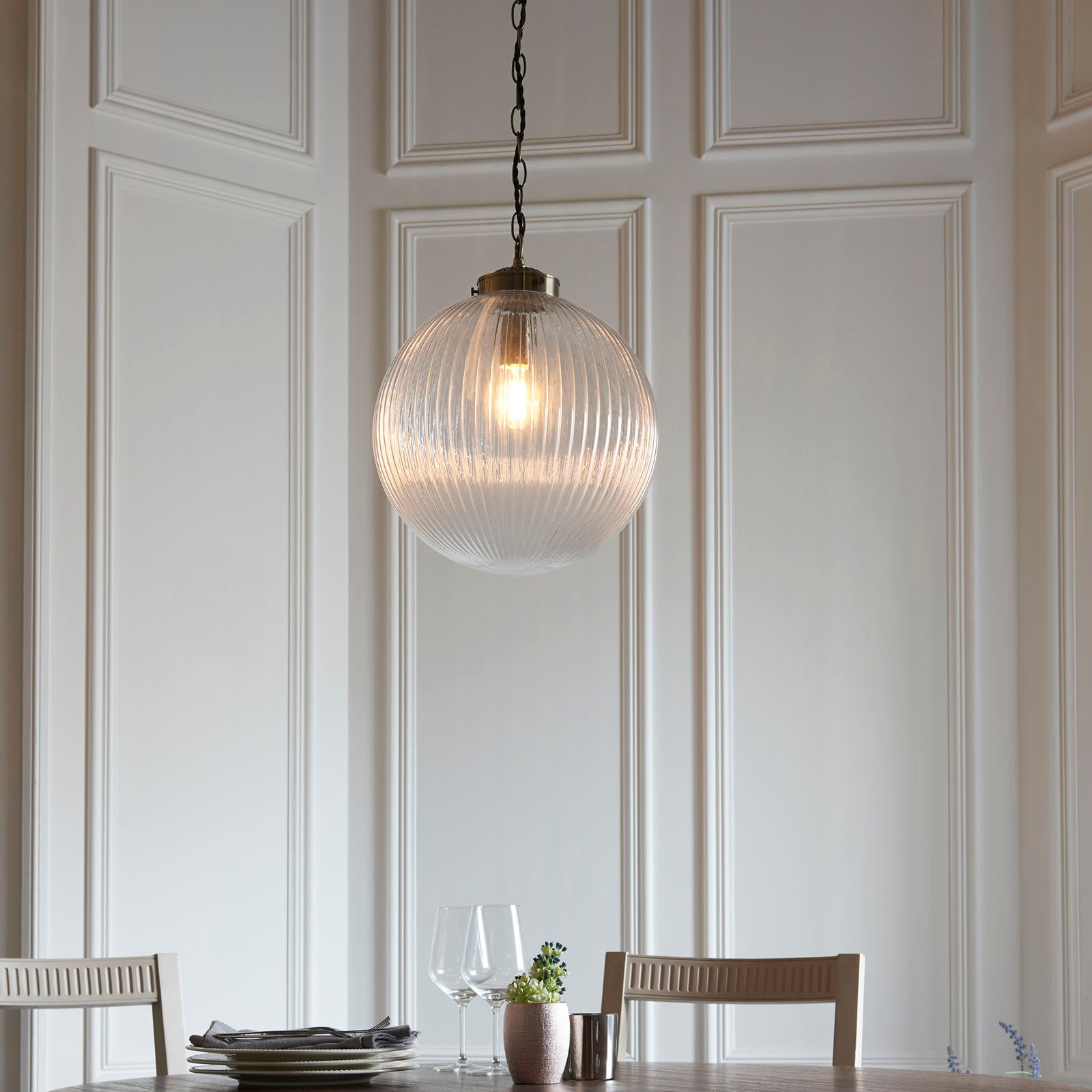 Brydon Large 1-Light Pendant: Antique Brass Chain & Ribbed Glass (Dimmable)