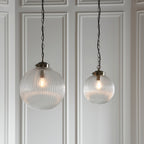 Brydon Large 1-Light Pendant: Antique Brass Chain & Ribbed Glass (Dimmable)