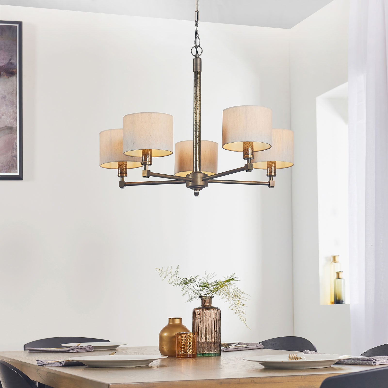Indara 5-Light Pendant Light with Hammered Aged Bronze Finish and Natural Linen Shades