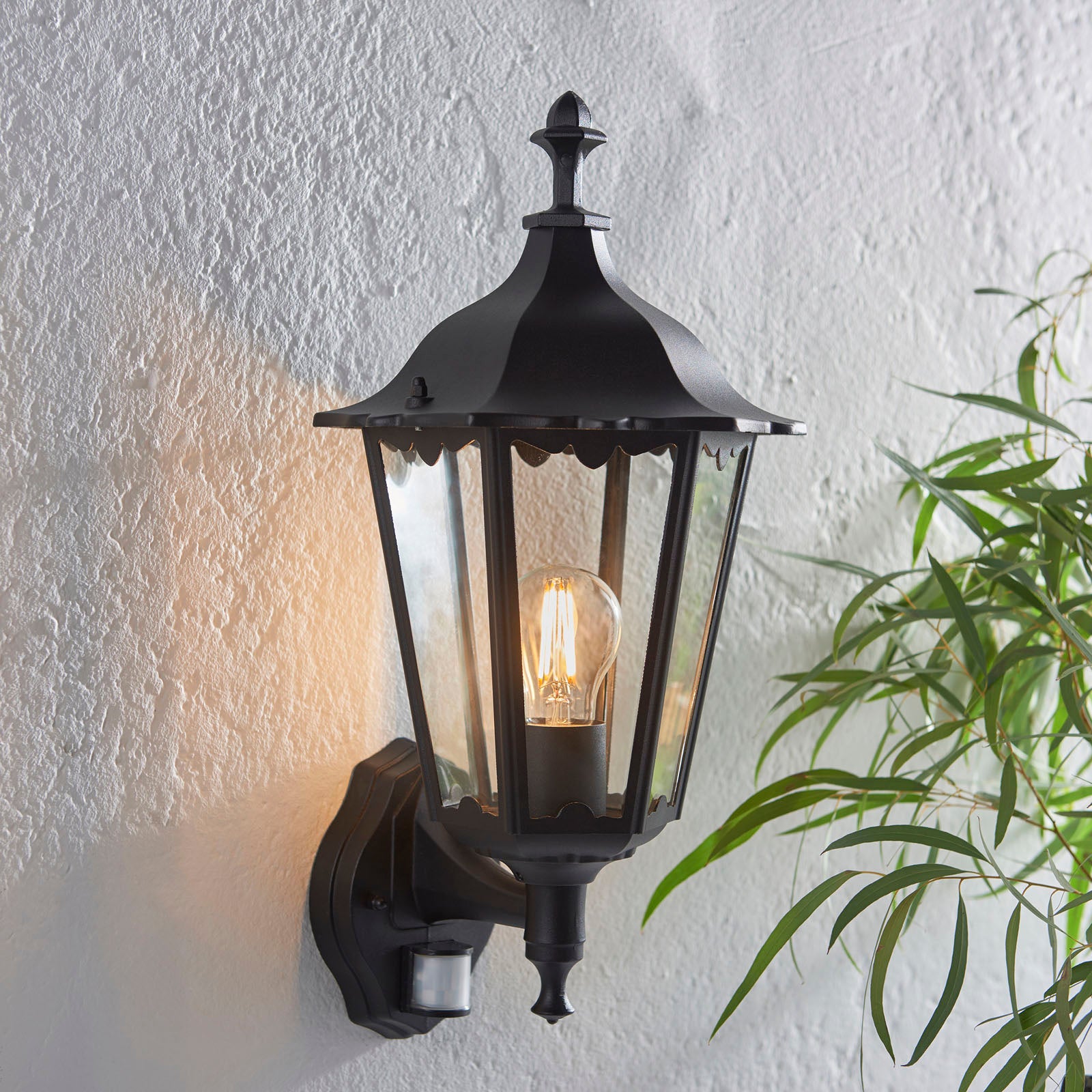 Burford 1-Light Outdoor Wall Lantern: Traditional Design (Matt Black, Glass & PIR Sensor)