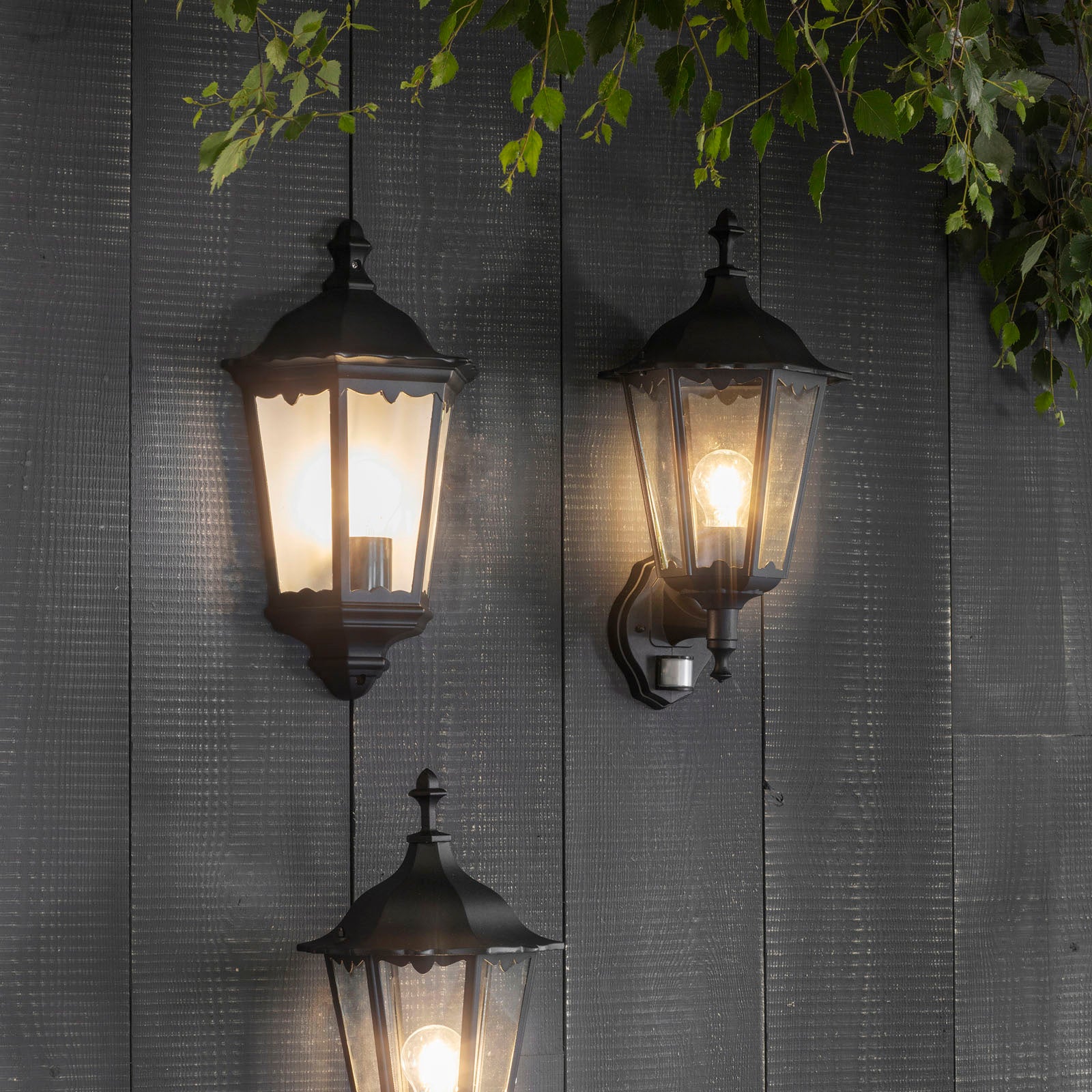 Burford 1-Light Outdoor Wall Lantern: Traditional Design (Matt Black, Glass & PIR Sensor)