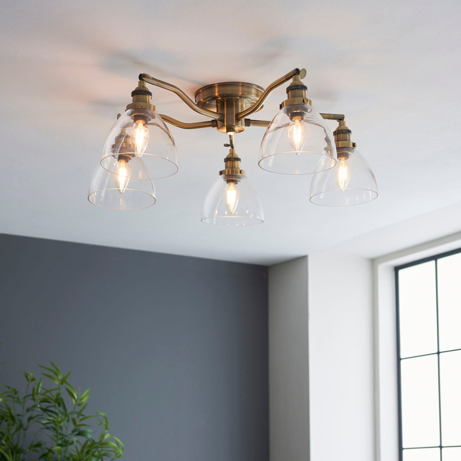 Hansen 5-Light Industrial Semi-Flush Ceiling Light (Antique Brass)
