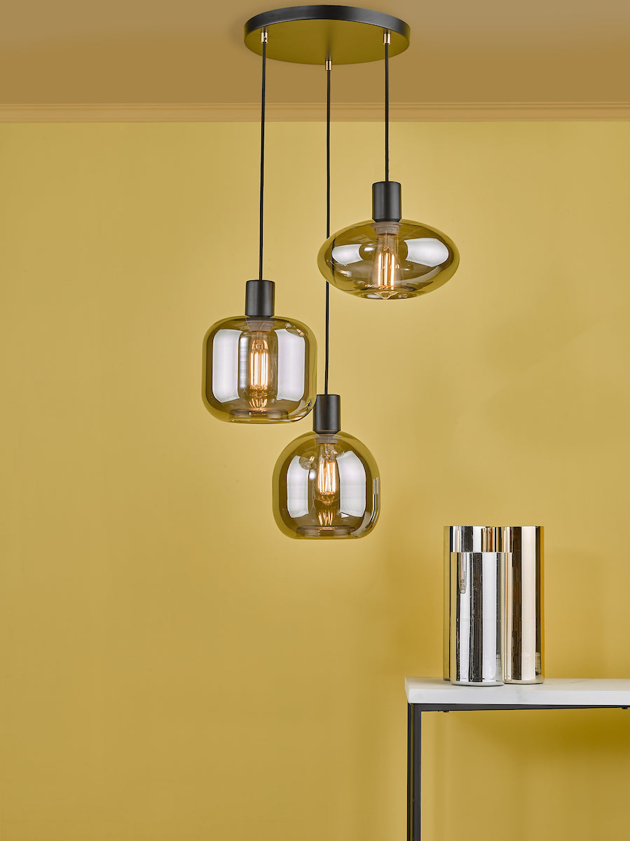 Aiden 3 Light Cluster Pendant Satin Black & Smoked