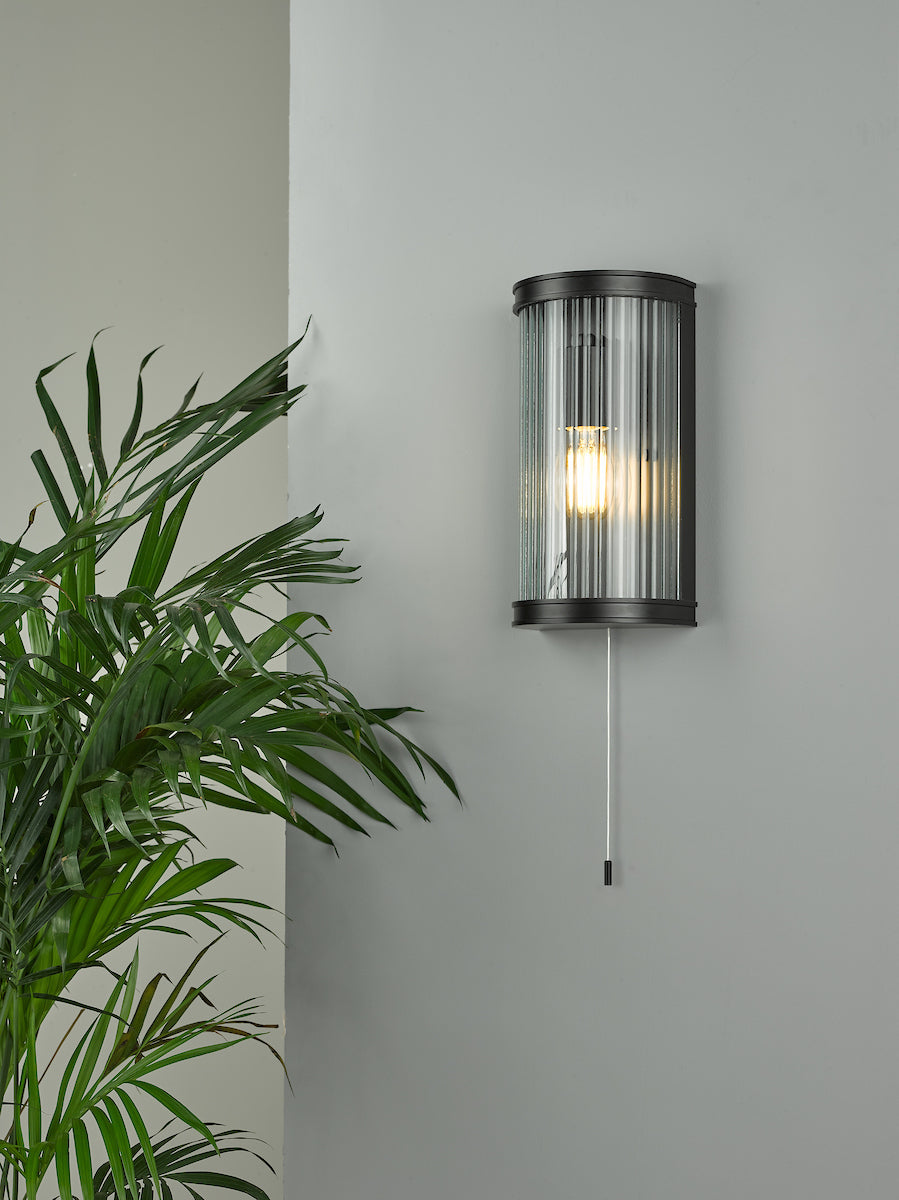 Anund Bathroom Wall Light Matt Black Ribbed Glass IP44