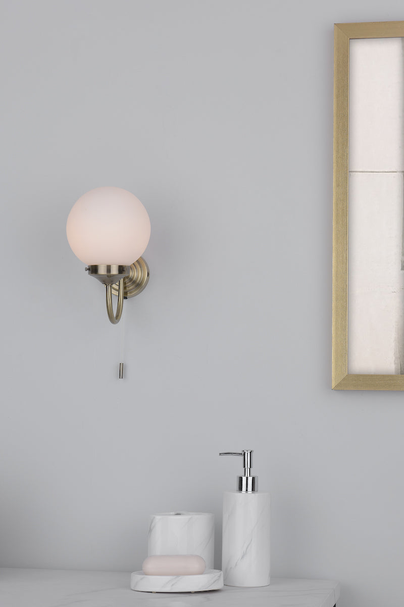 Barclay Bathroom Wall Light Antique Brass Opal Glass IP44