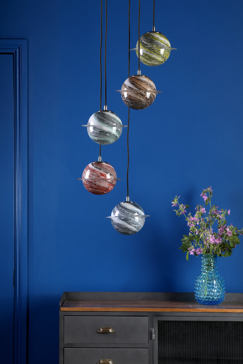 Cygnus 5 Light Cluster Pendant Polished Chrome and Planet Style Glass