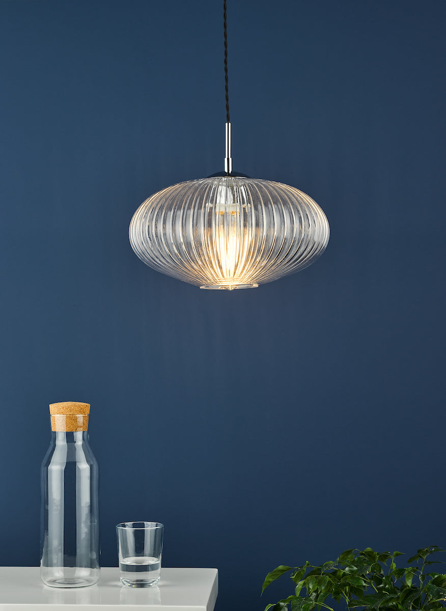 Edmond 1 Light Single Pendant Polished Chrome Ribbed Glass