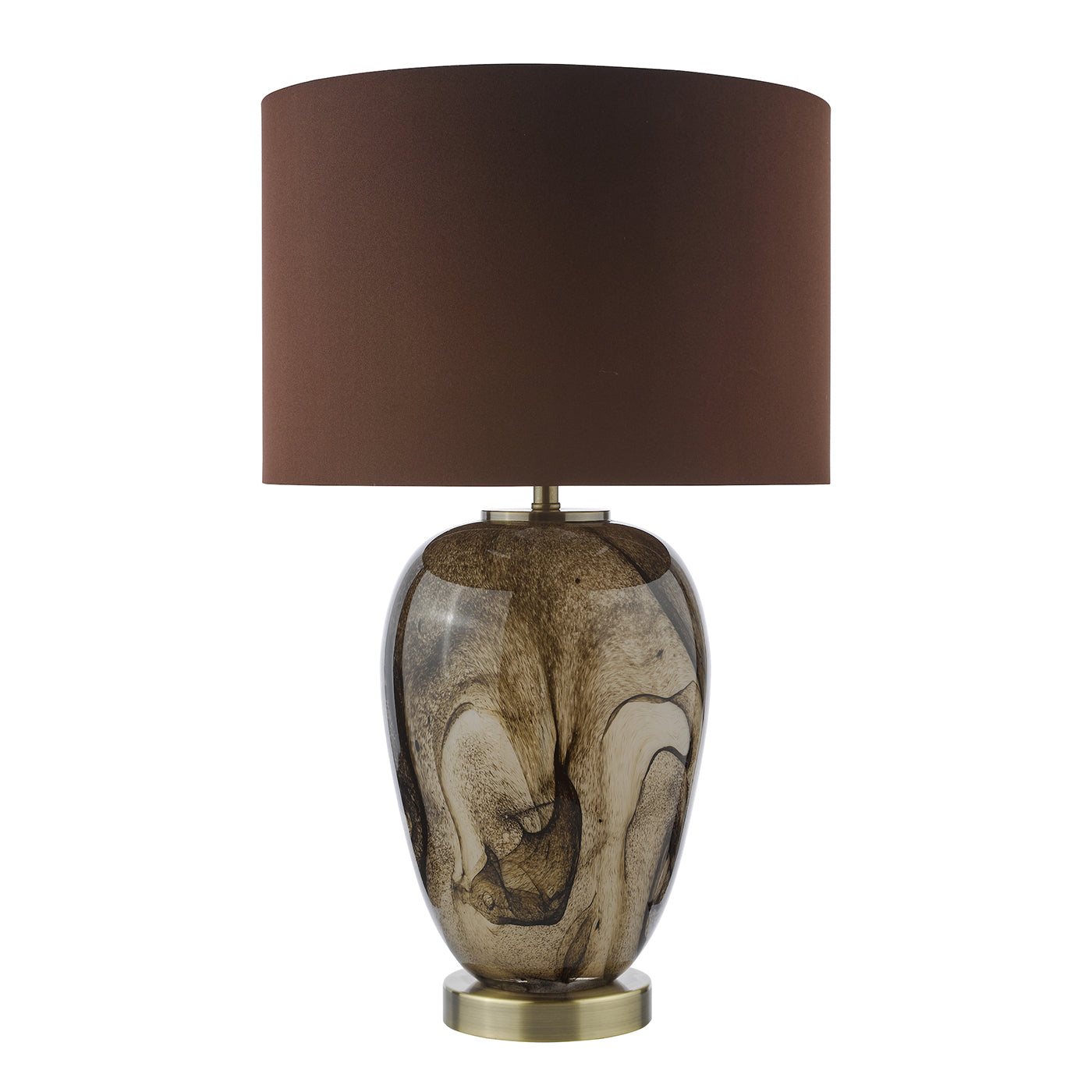 Egas Table Lamp Brown Marble Effect Glass and Antique Brass With Shade