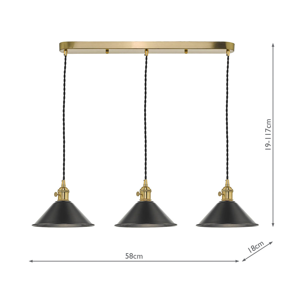 Hadano 3 Light Brass Suspension With Antique Pewter Shades