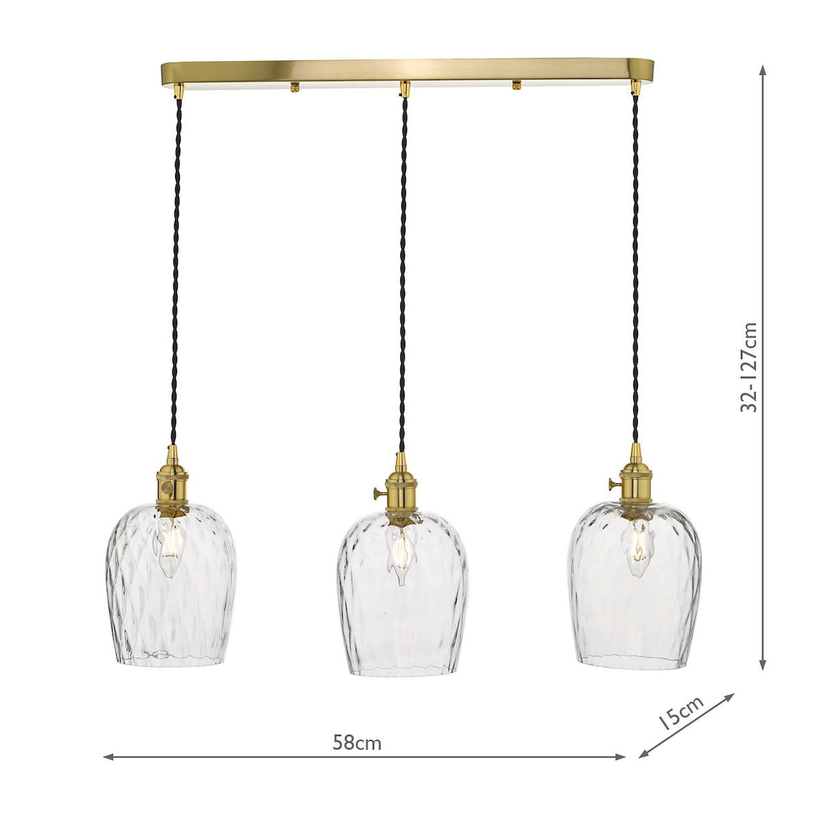 Hadano 3 Light Brass Suspension With Dimpled Glass Shades