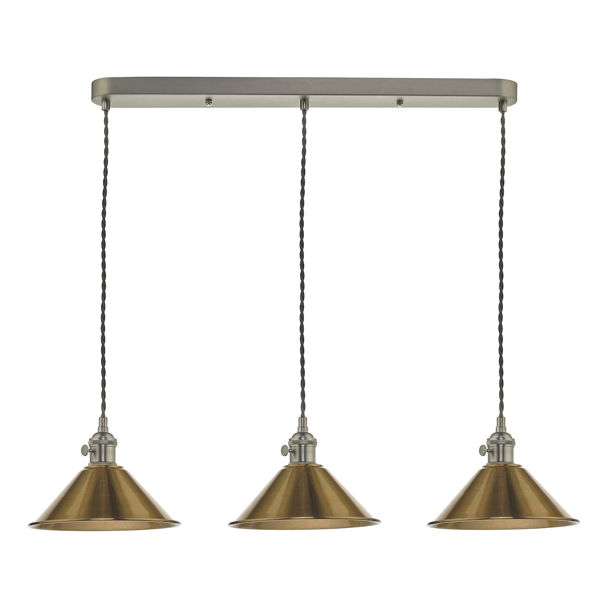 Hadano 3 Light Antique Chrome Suspension With Aged Brass Shades