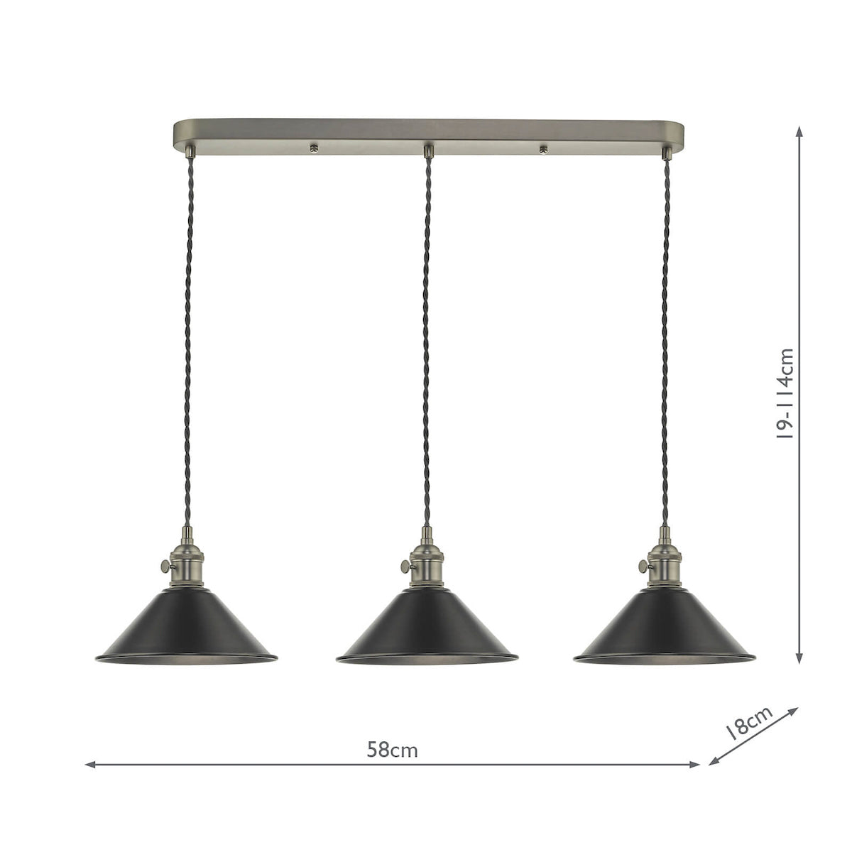 Hadano 3 Light Antique Chrome Suspension With Antique Petwer Shades