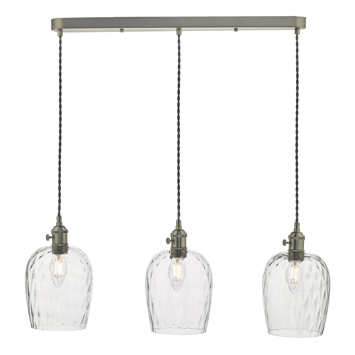 Hadano 3 Light Antique Chrome Suspension With Dimpled Glass Shades