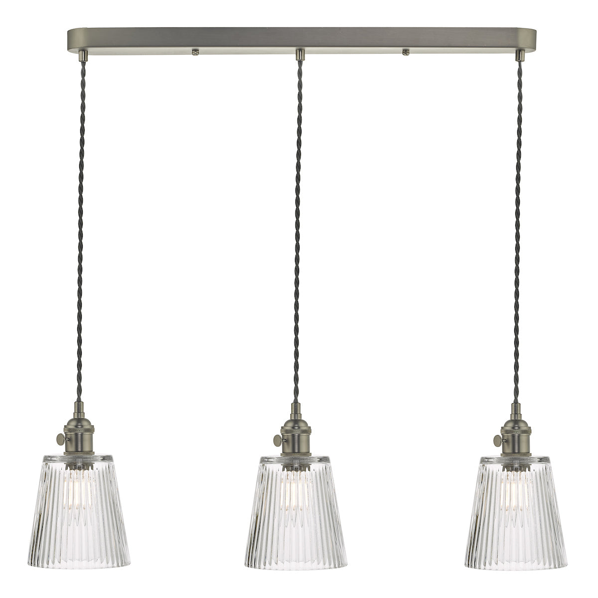 Hadano 3 Light Antique Chrome Suspension With Ribbed Glass Shades