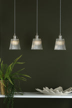 Hadano 3 Light Antique Chrome Suspension With Ribbed Glass Shades