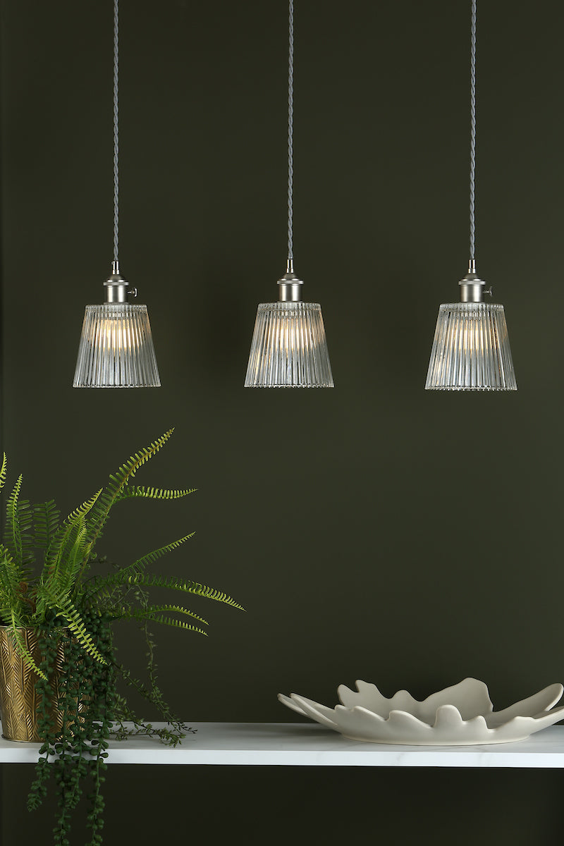 Hadano 3 Light Antique Chrome Suspension With Ribbed Glass Shades