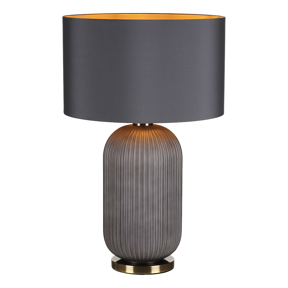 Helicon Table Lamps Grey Ribbed Glass and Antique Brass With Shade