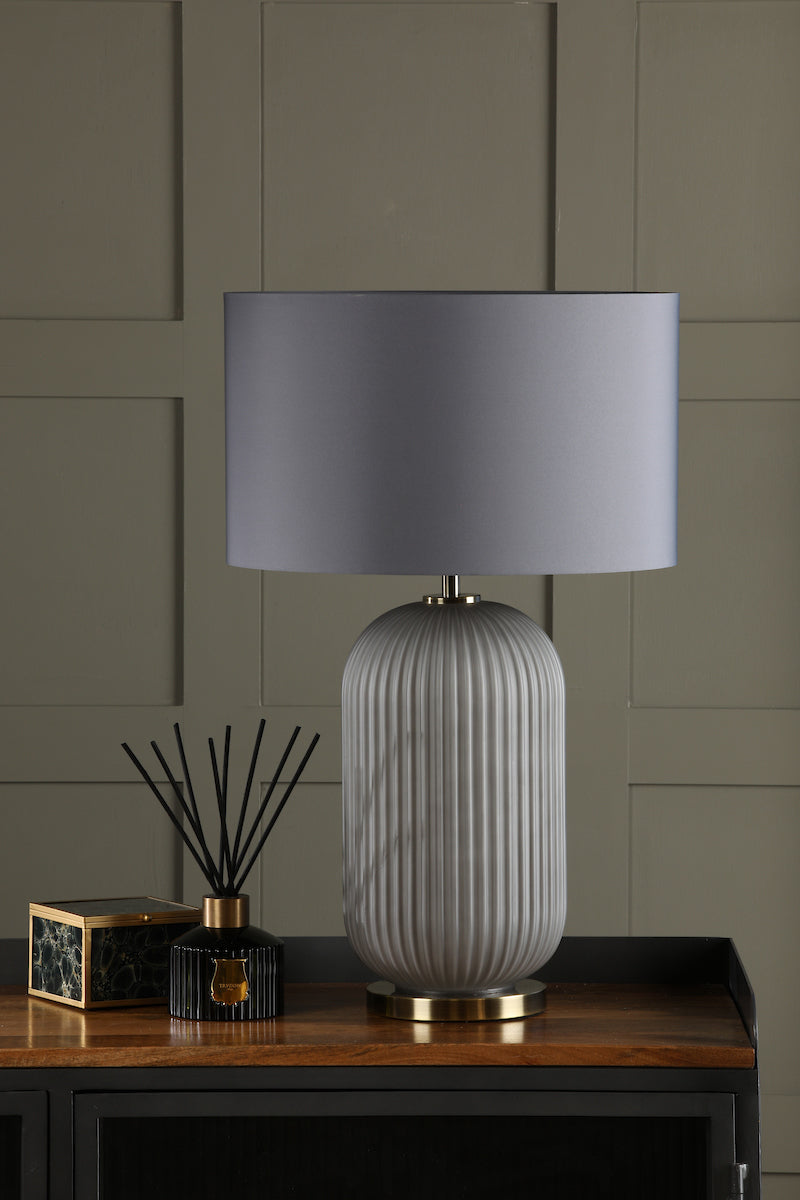 Helicon Table Lamps Grey Ribbed Glass and Antique Brass With Shade