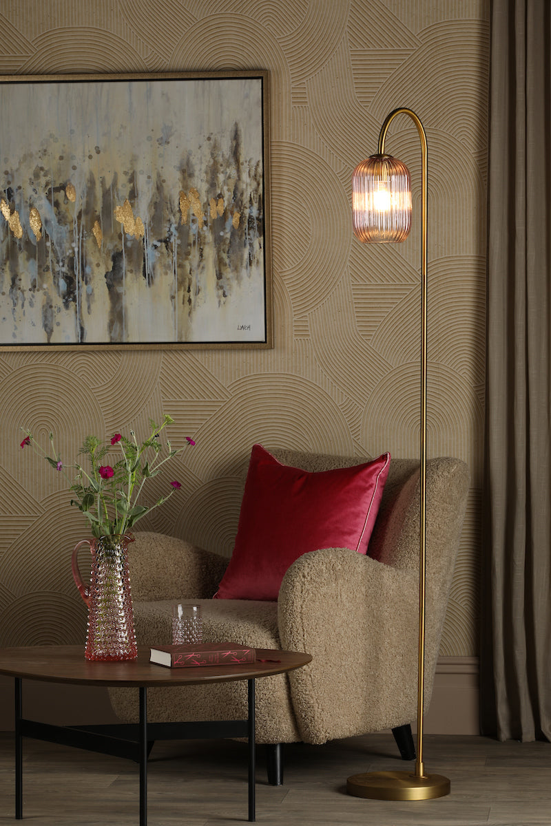 Idra Floor Lamp Aged Bronze and Pink Ribbed Glass
