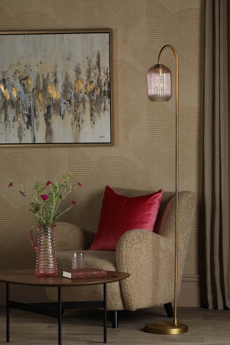 Idra Floor Lamp Aged Bronze and Pink Ribbed Glass
