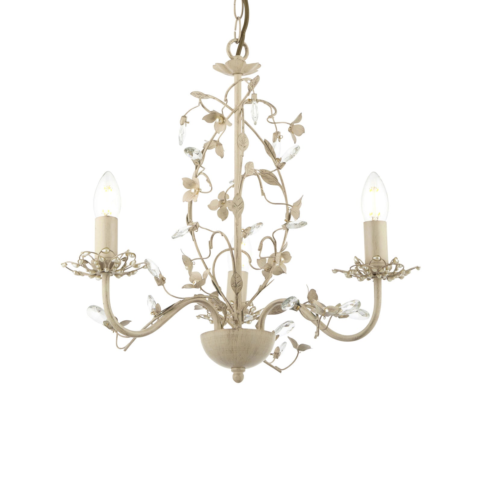 Lullaby 3-Light Gold & Cream Chandelier with Floral Detail & Glass Drops (Dimmable)