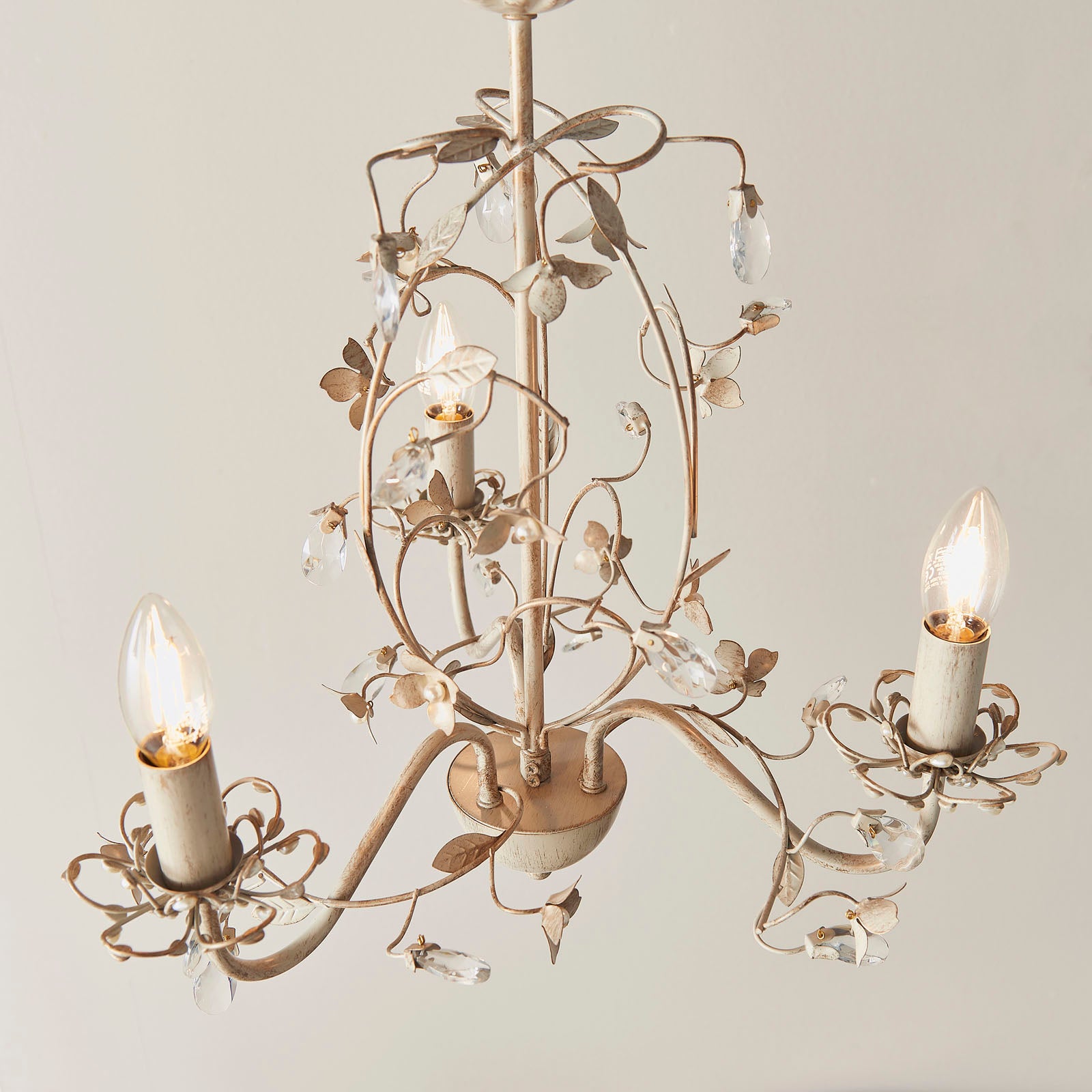 Lullaby 3-Light Gold & Cream Chandelier with Floral Detail & Glass Drops (Dimmable)