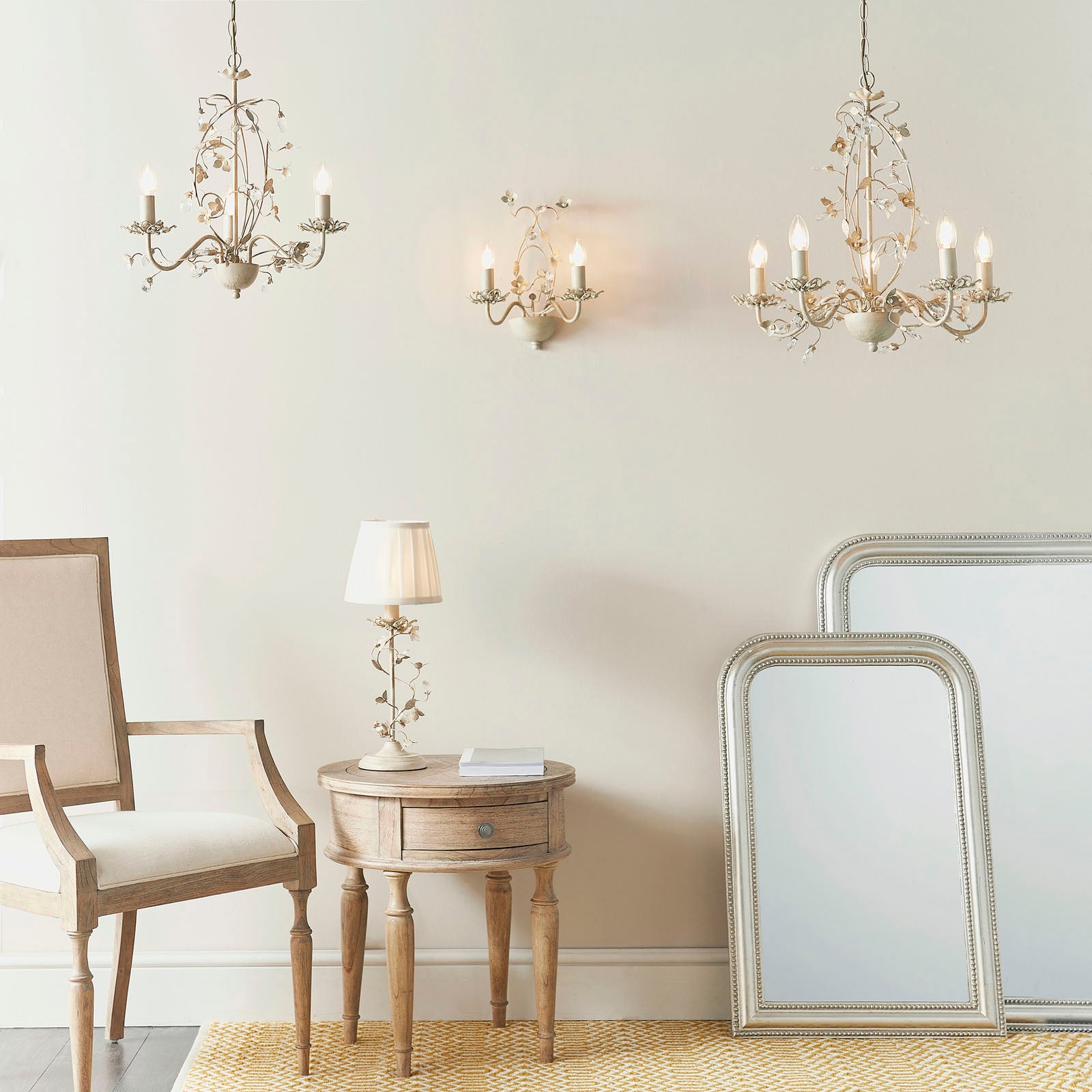 Lullaby 3-Light Gold & Cream Chandelier with Floral Detail & Glass Drops (Dimmable)