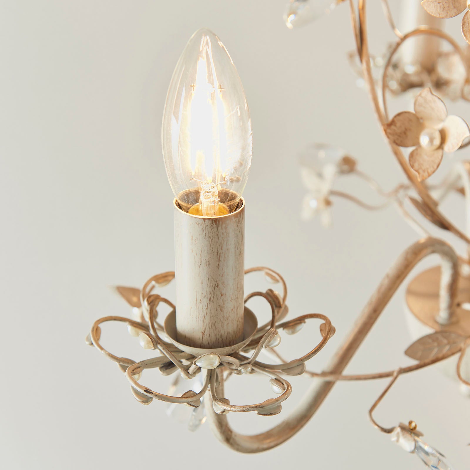 Lullaby 3-Light Gold & Cream Chandelier with Floral Detail & Glass Drops (Dimmable)