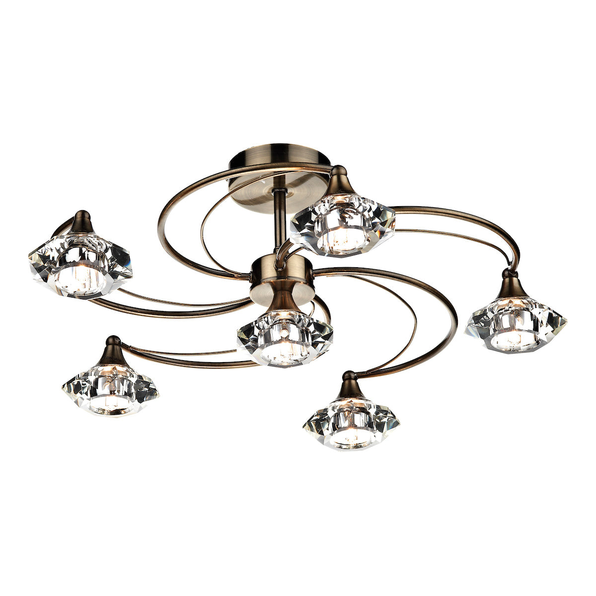 Luther 6 Light Semi Flush Antique Brass Crystal