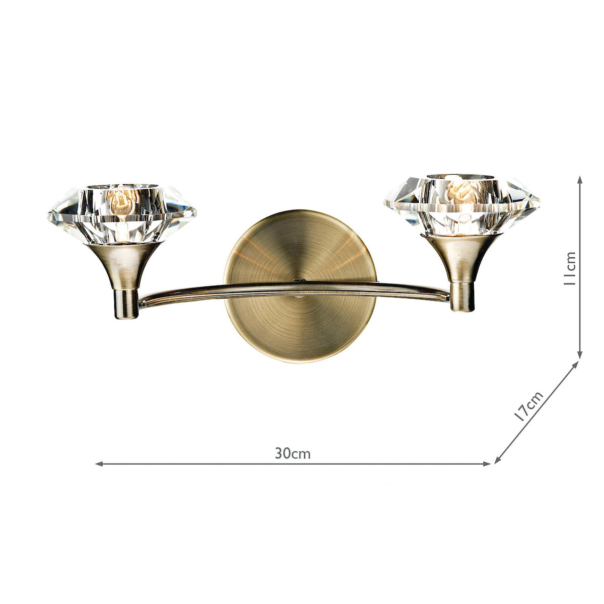 Luther 2 Light Wall Light Antique Brass Crystal