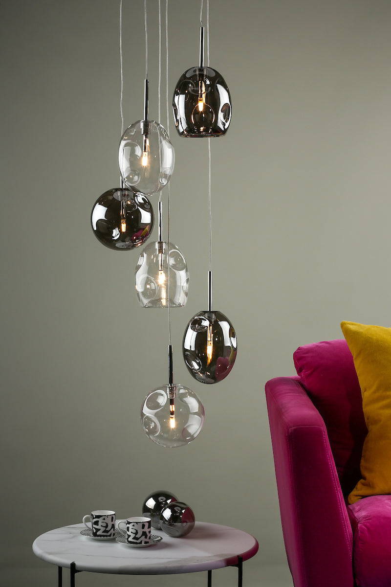 Quinn 6 Light Cluster Pendant Smoked & Clear Glass