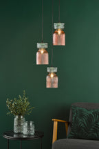 Rhubarb 3 Light Cluster Pendant Pink and Green Ribbed Glass