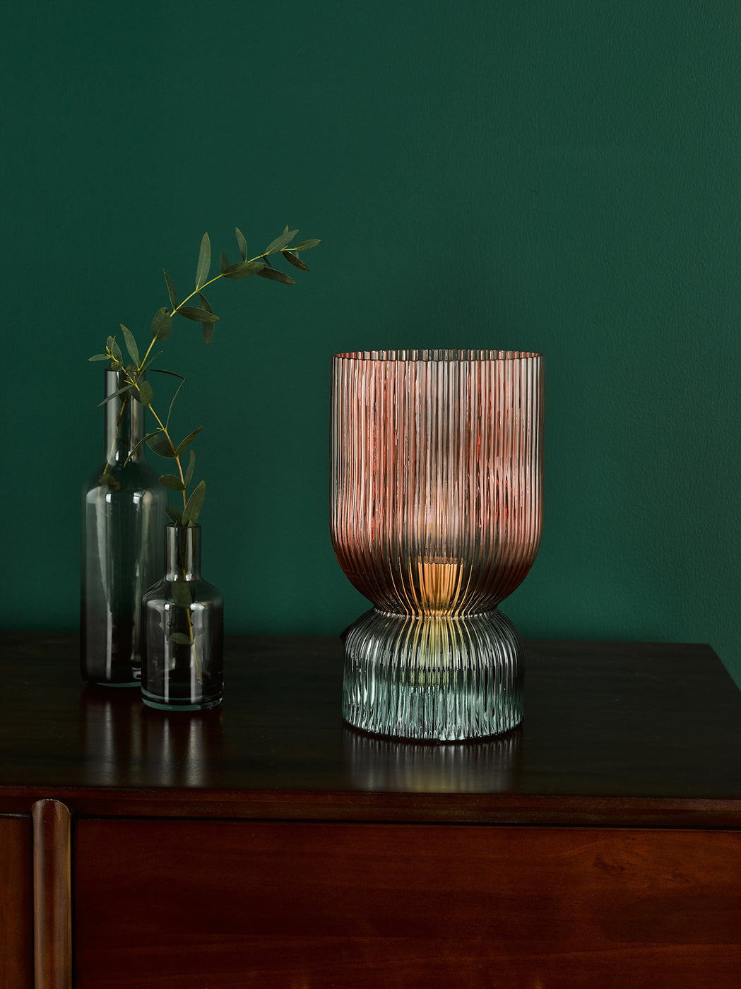 Rhubarb Table Lamp Pink and Green Ribbed Glass