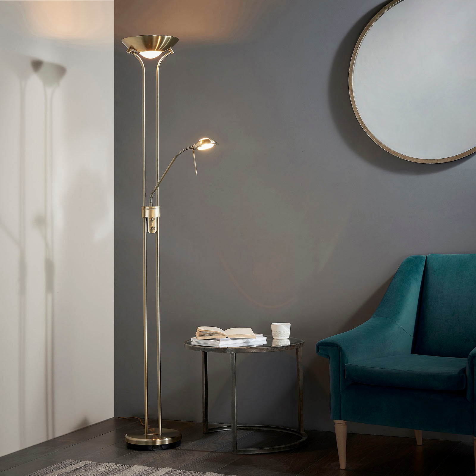 Rome 2-Light Antique Brass Floor Lamp (Uplighter & Reading Lamp)