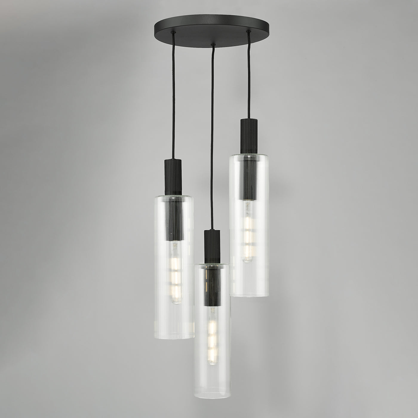 Ruben 3 Light Cluster Pendant Satin Black and Ribbed Glass