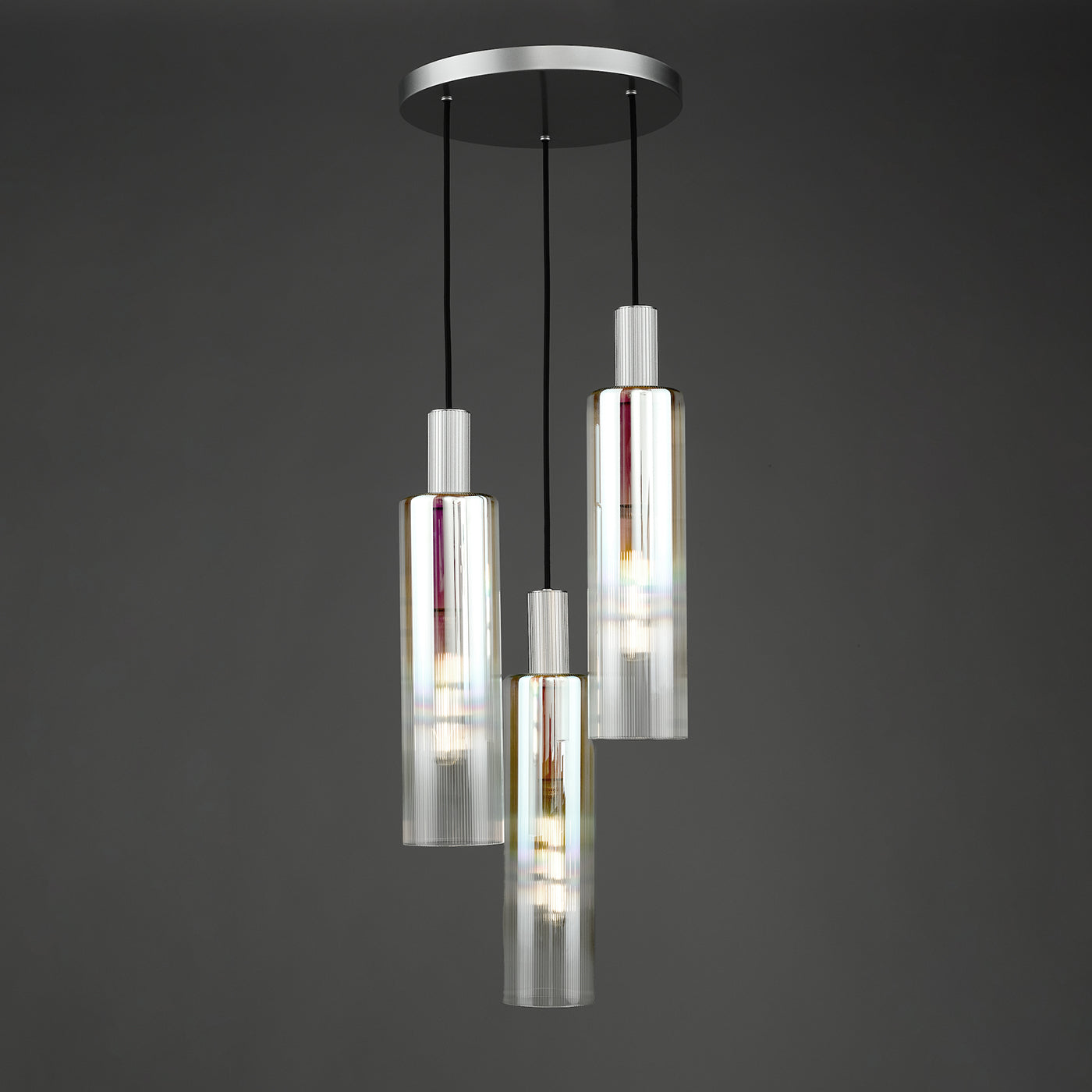 Ruben 3 Light Cluster Pendant Satin Silver and Ribbed Iridised Glass