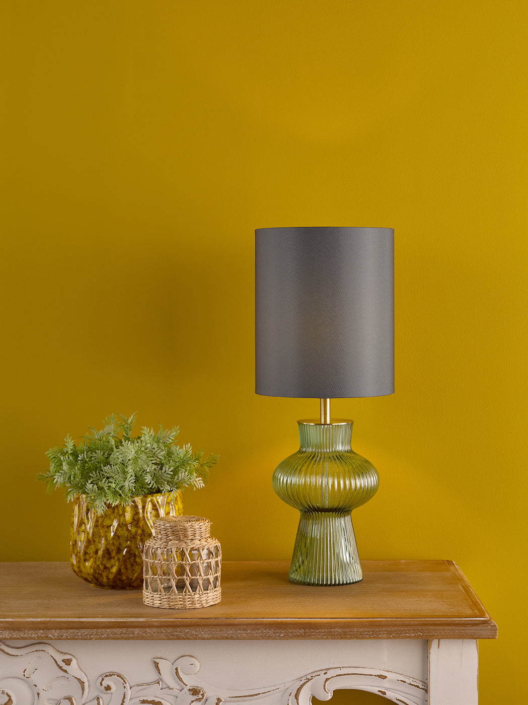 Suelita Table Lamp Green Ribbed Glass and Antique Brass With Shade